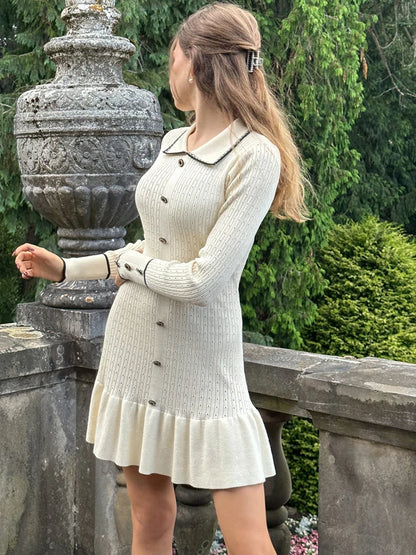 Knitted Turn-Down Collar Button Mini Dress