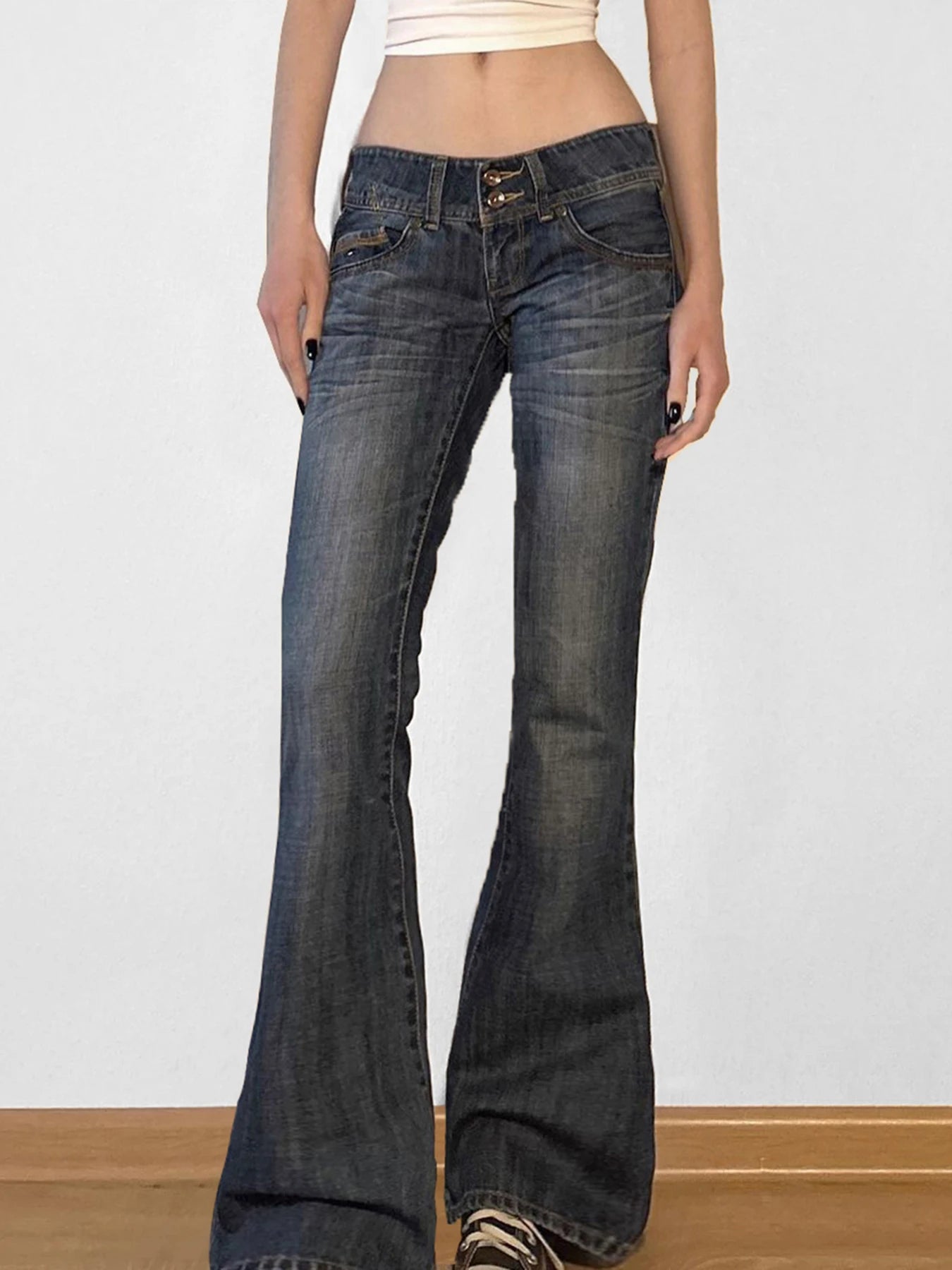Low Waisted Washed Flared Jeans Button Pants Slim Pockets Bottoms