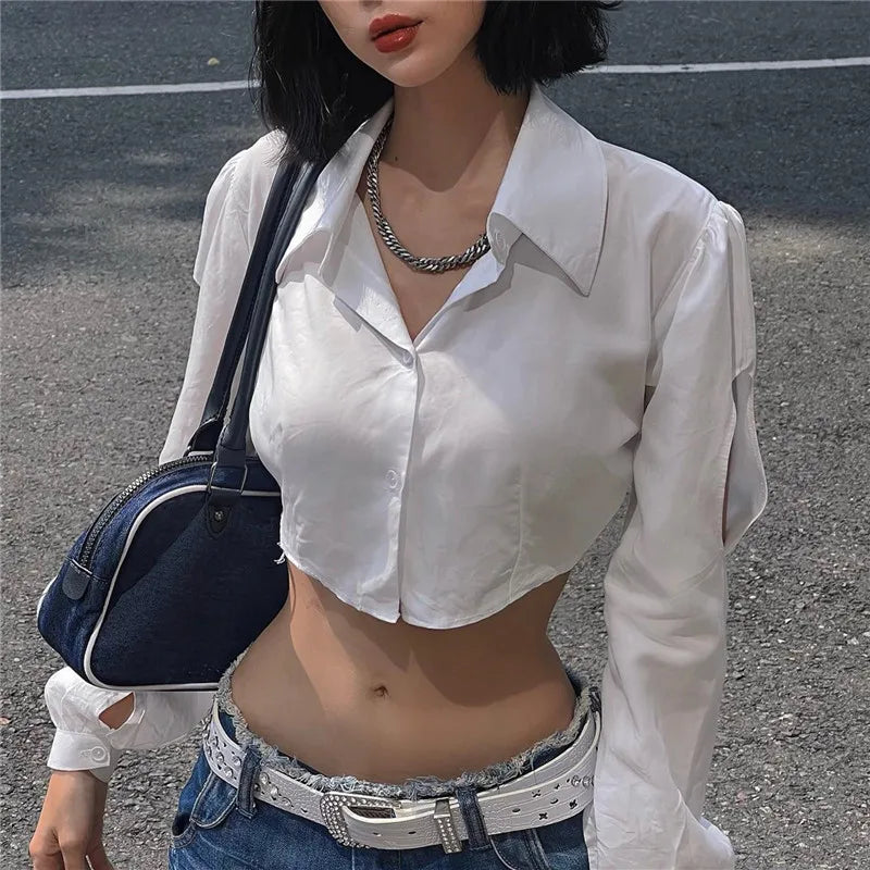 White Puff Long Sleeve V-Neck Crop Top