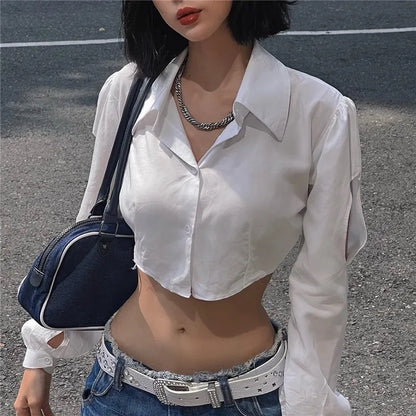 White Puff Long Sleeve V-Neck Crop Top
