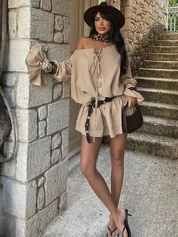 Khaki Lantern Sleeve Mini Dress