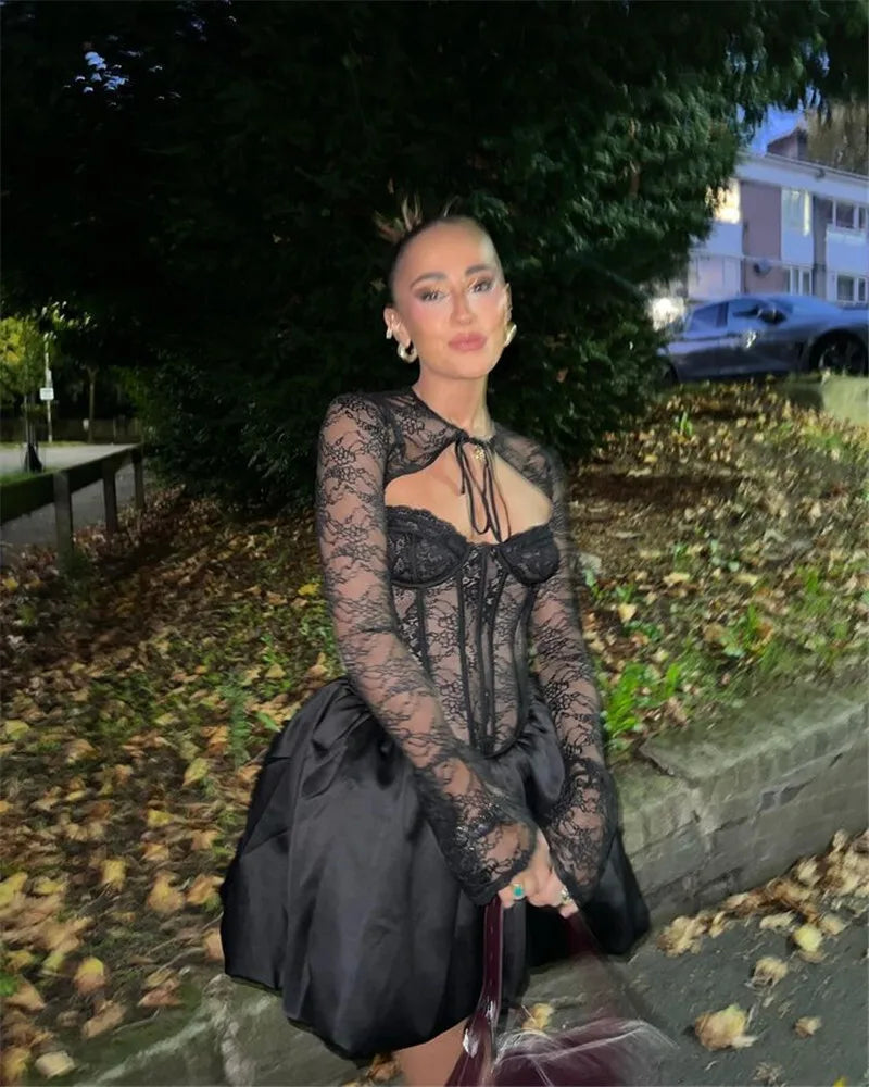Black Lace Puffball Mini Dress Lace-up Sheer Long Flare Sleeve High Waist Dress