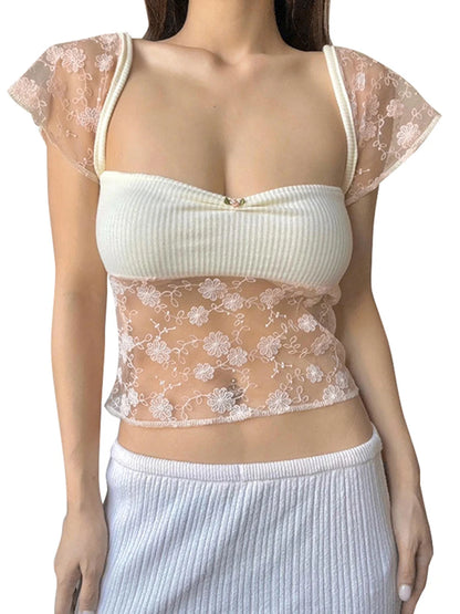 Lace Patchwork Kawaii Sweet Crop Top Pink
