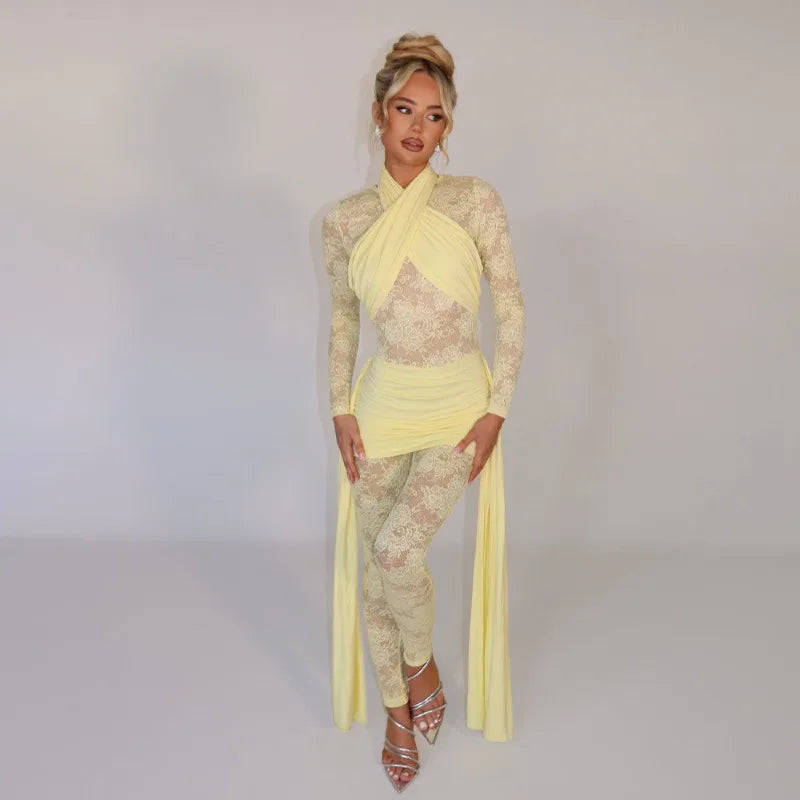 One Piece Long Sleeve See Through Lace Mesh Jumpsuit
