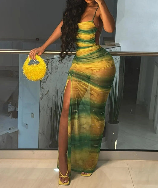 Green Mesh Backless Maxi Dress