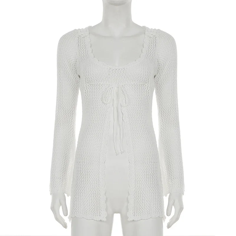 Knit Hollow Long Sleeve Cover Up See Through Slim