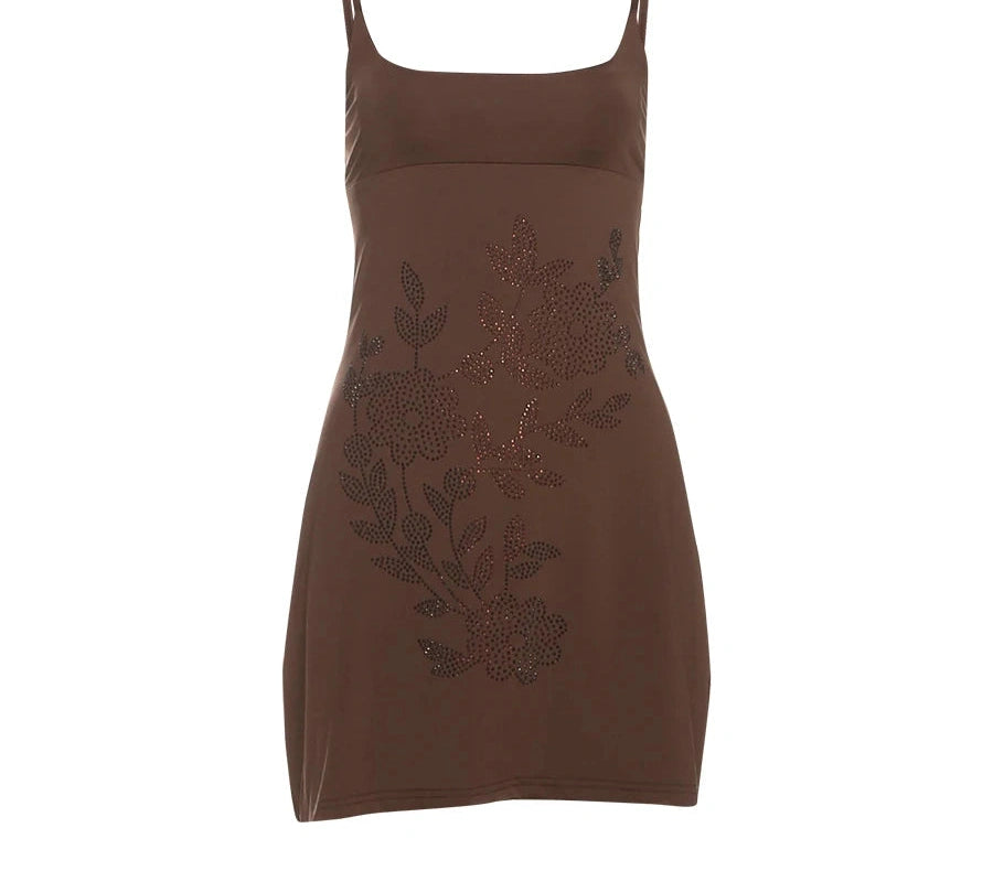Fake Diamond Stickers Sundresses Low-Neck Flowers Backless ity Fad Mini Bodycon