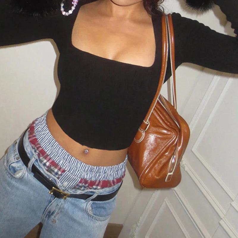 Square Collar Tee Shirts Crop Top Long Sleeves Fur Cuff Slim Kintted
