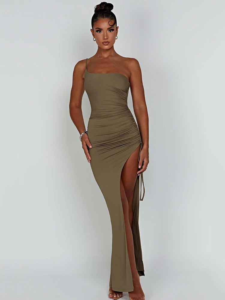 Drawstring High Slit Dress One Shoulder Slim Maxi Bodycon Pleated Dresses