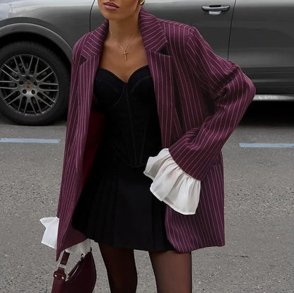 Patchwork Notched Collar Lace Blazer with Flare Sleeves