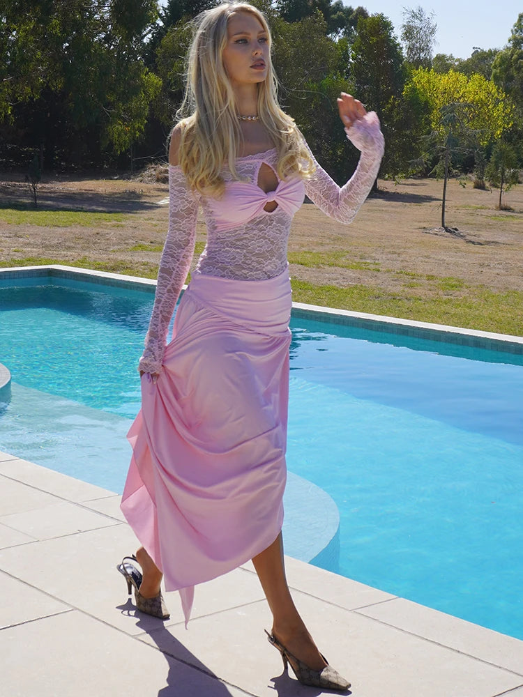 Patchwork Strapless Hollow Out Lace Maxi Dress Long Sleeve High Slit Dress