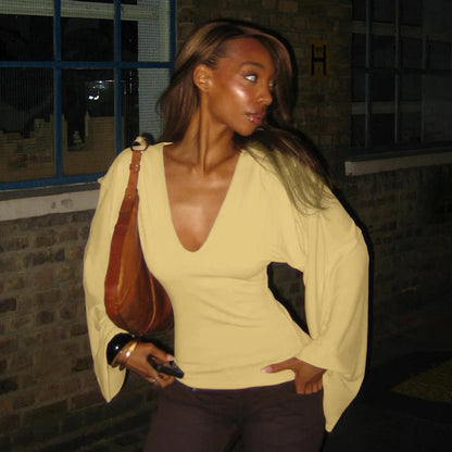 Yellow V-Neck Flared Loose Long Sleeve Slim Top