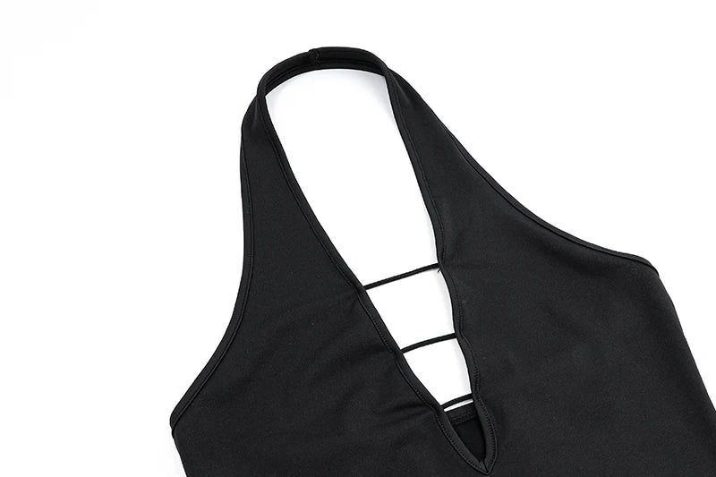 Black Deep V-Neck Halter Sleeveless Hollow Out Top