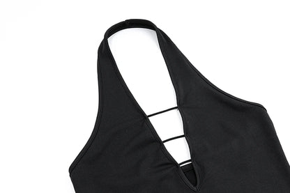 Black Deep V-Neck Halter Sleeveless Hollow Out Top