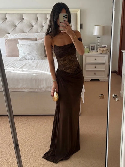 See Through Lace One Shoulder High Slit Maxi Dress