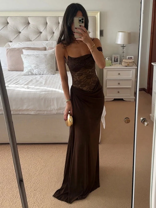 See Through Lace One Shoulder High Slit Maxi Dress