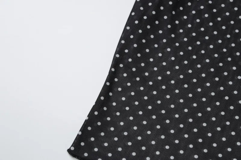 Black Polka Dot Mesh Sheer Top and Long Skirt Two Piece Set