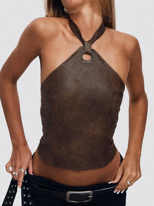 Leather Backless Halter Top