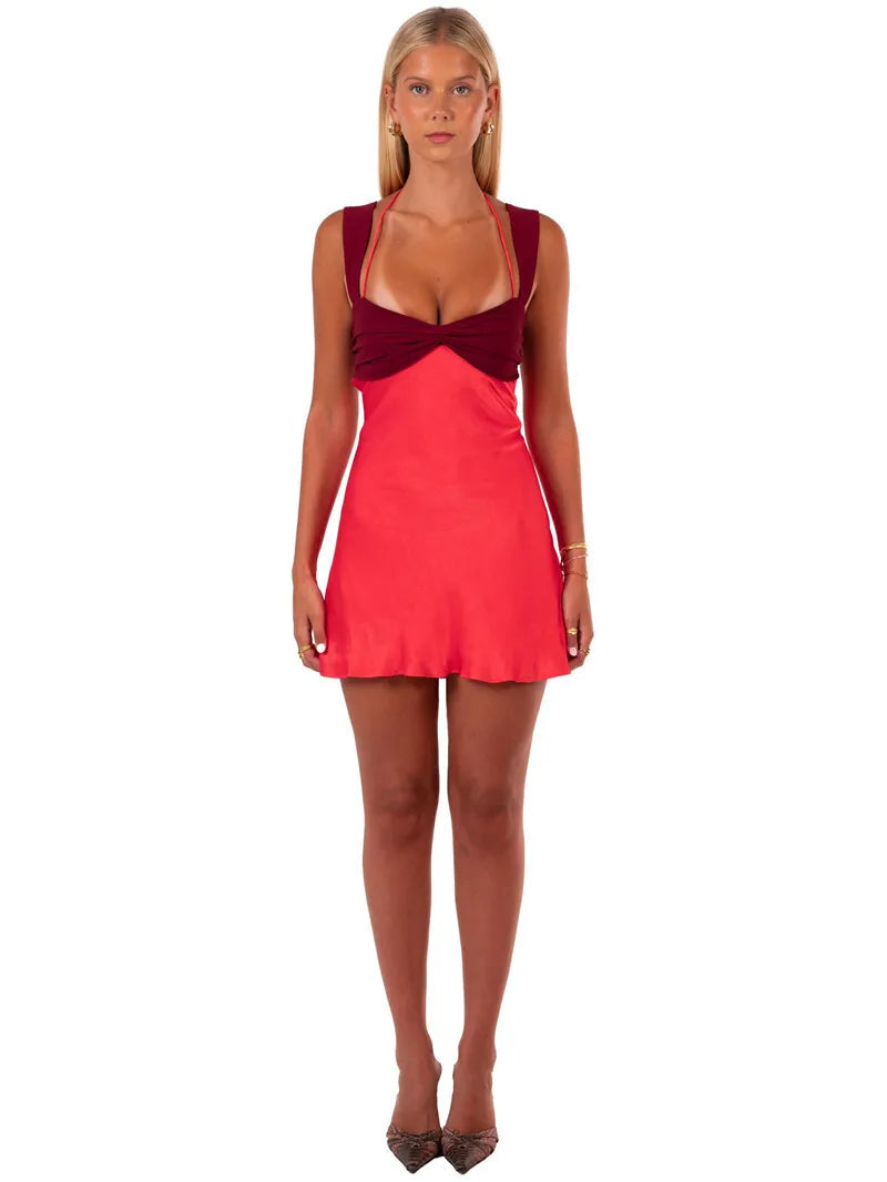 Patchwork Sleeveless Mini Dress Satin Strapless Backless Lace-up High Waist A-line Dress