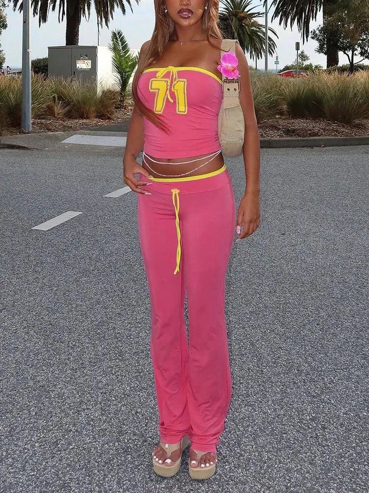 Coordinate 2Piece Set Strapless Letter Tanks Elastic Pants Suit
