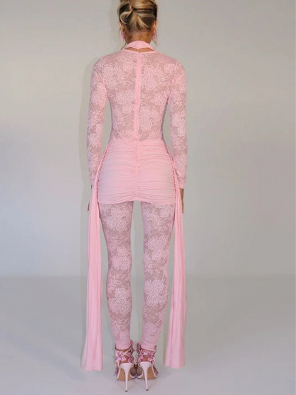 One Piece Long Sleeve See Through Lace Mesh Jumpsuit