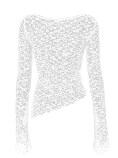 Lace Long Sleeve Knitted Perspective Tee for Women