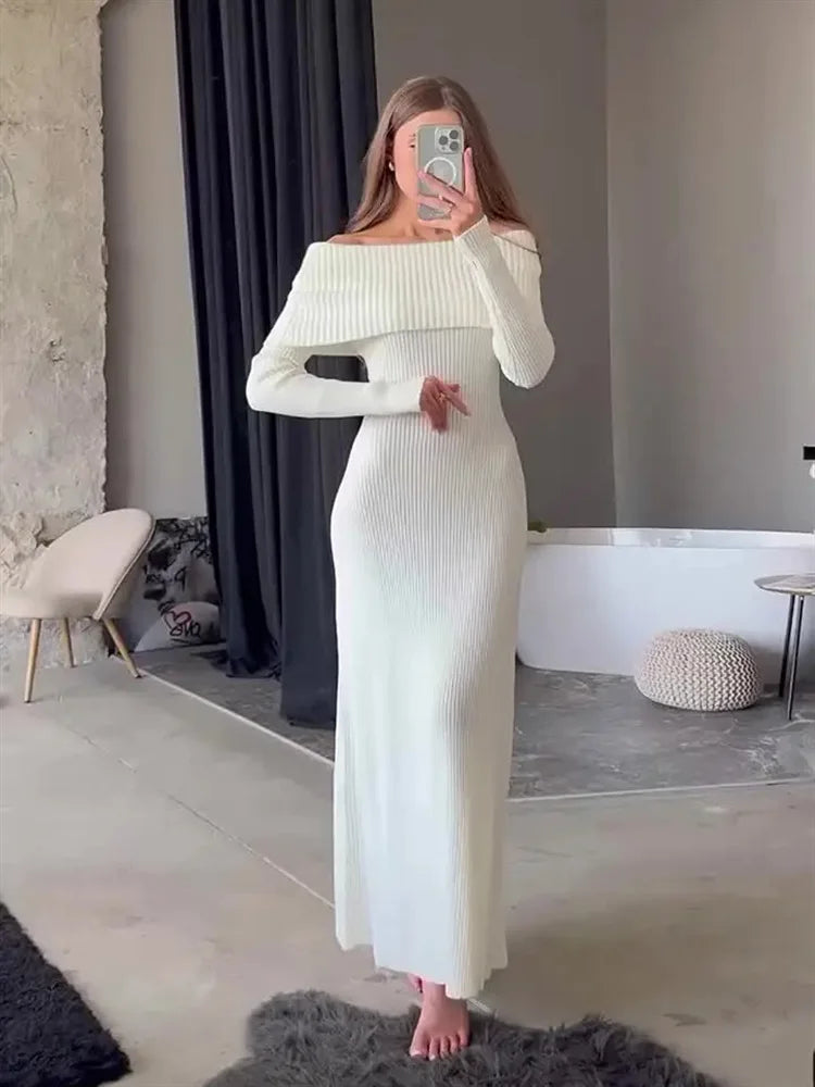 Knit Long Dress Off-Shoulder Ribbed Loose High Waist Dress Ladies Knit Maxi Dress