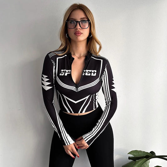 Sporty Motor Crop Top Turtleneck Zipper Letters Stripe Shirt Versatile Out Studio