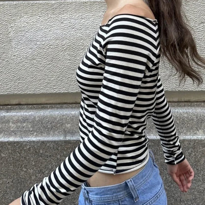 Slah Neck Striped Long Sleeve Crop Top