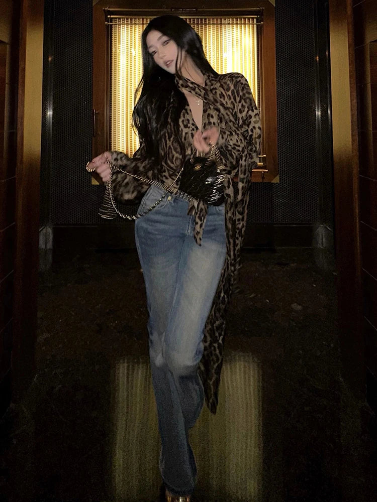 Leopard Chiffon Halter Long Sleeve Shirt