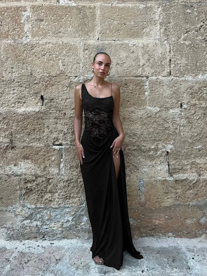 See Through Lace One Shoulder High Slit Maxi Dress