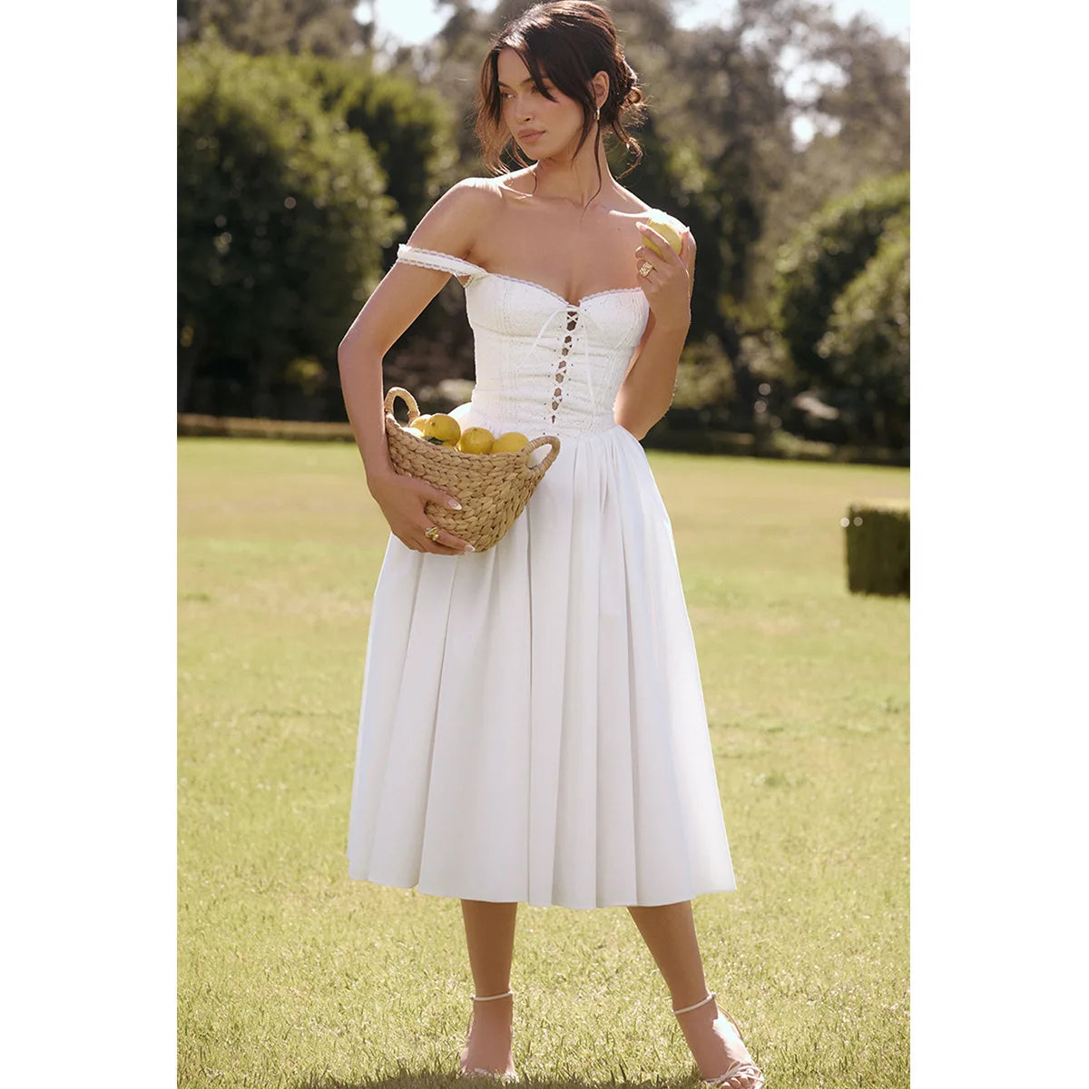 White Lace Up Midi Dress