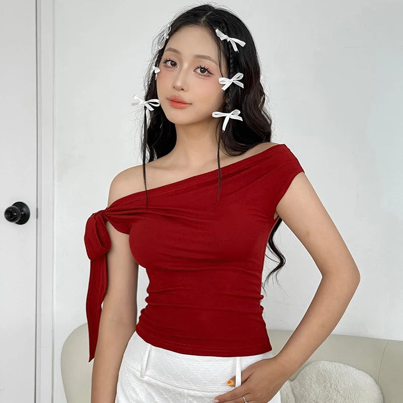 In Shrink Pleat One-Shoulder Crop Top Backless Twit Tie Aymmetric T-Shirt Top