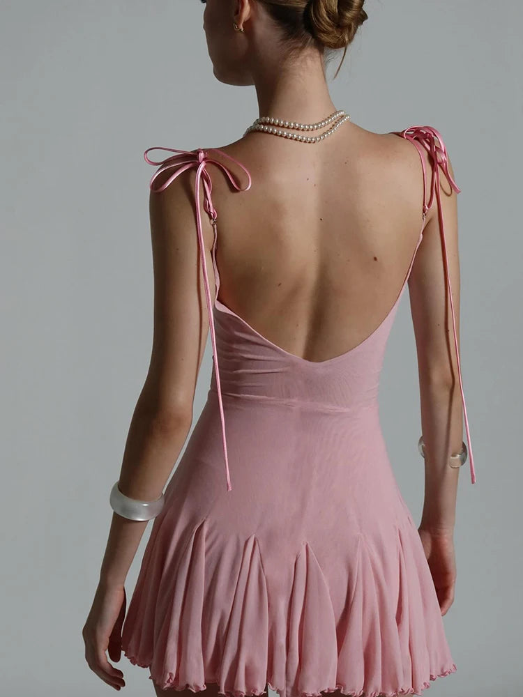 Lace Patchwork Dress Backless Bow Lace-Up Sleeveless Thinny Pleat Solid Mini Bodycon