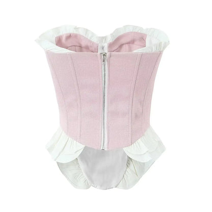 Sweet Patchwork Fish Bone Strapless Crop Top