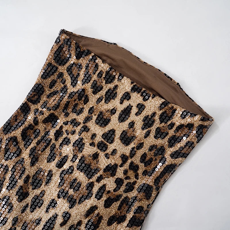 Leopard Strapless Sequins Backless Mini Dress