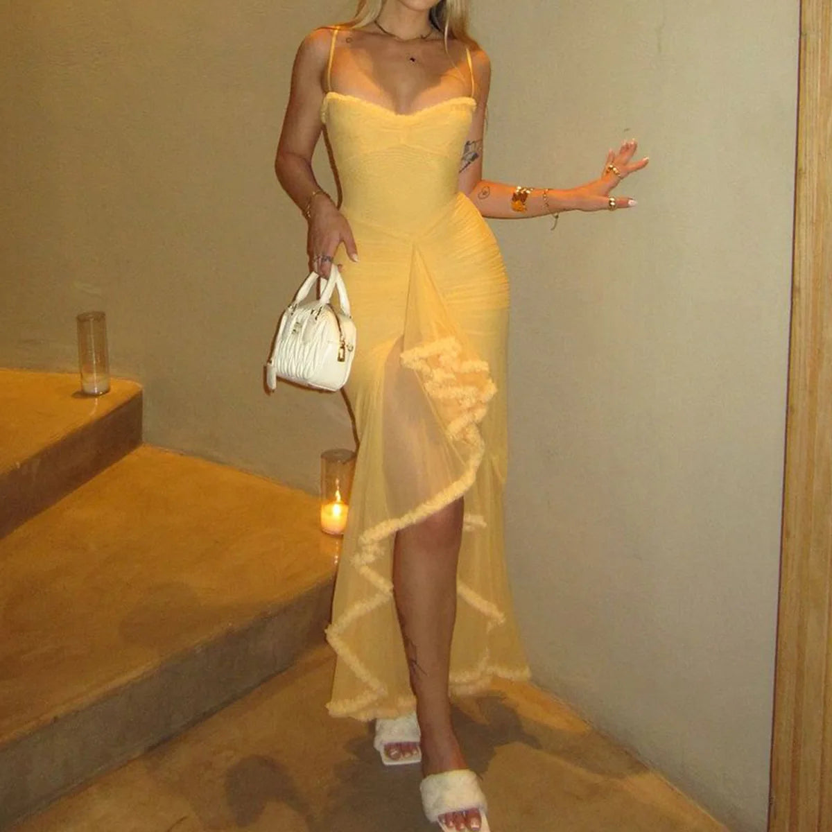 Yellow Ruffle Mesh Maxi Dress