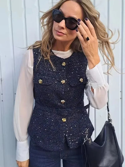 Sequin Twe Vest Coat with Belt - O Neck Sleeveless Jacket