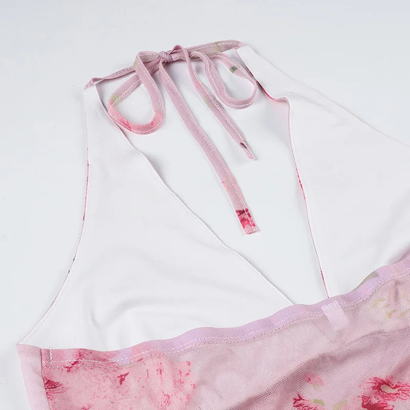Pink Floral See Through Mesh Ruffled V-Neck Backless Top