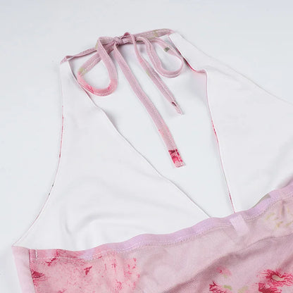 Pink Floral See Through Mesh Ruffled V-Neck Backless Top
