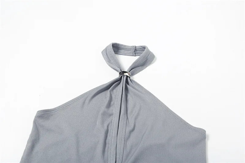 Gray Button Up Hollow Backless Halter Top
