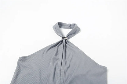 Gray Button Up Hollow Backless Halter Top