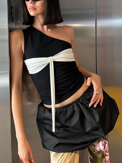 One-Shoulder Bow Contrast Color Tank Top
