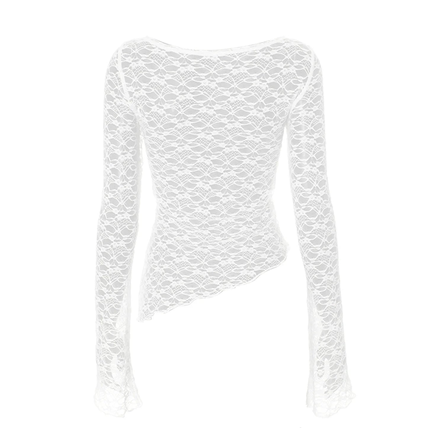 Lace Long Sleeve T Shirts Knitted Perspective Tees Tops Street Slim T-Shirt