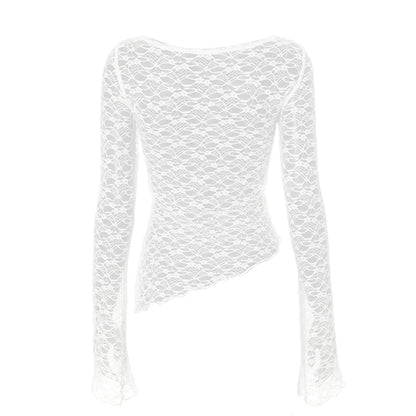 Lace Long Sleeve Knitted Perspective Tee for Women