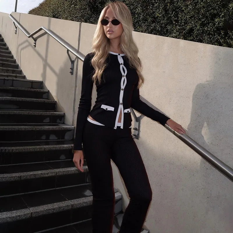 Black Knit Long Sleeve Cardigan and Flare Pants Two Piece Set