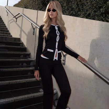 Black Knit Long Sleeve Cardigan and Flare Pants Two Piece Set