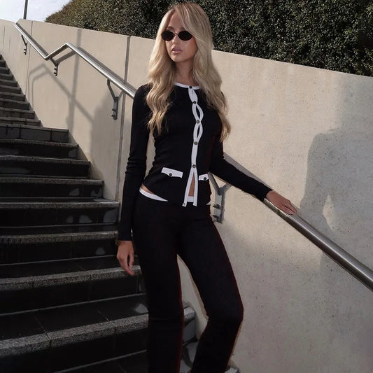 Black Knit Long Sleeve Cardigan and Flare Pants Two Piece Set