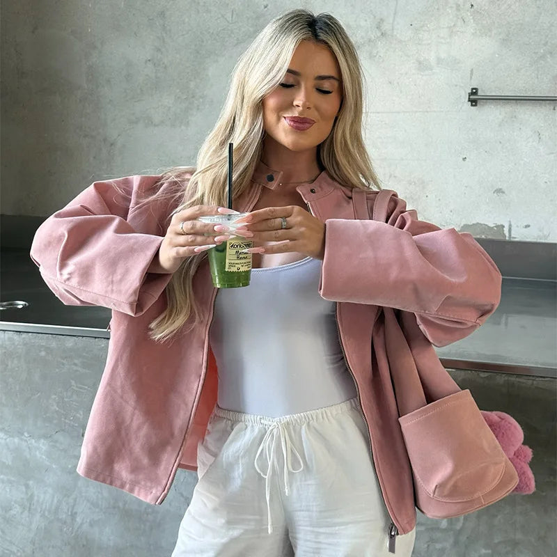 Pink Zip Up Suede Jacket