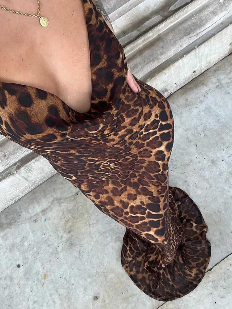 Leopard V Neck Backless Maxi Dress